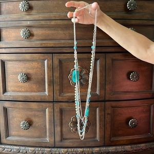 Long Silver Necklace with Blue Beading Design